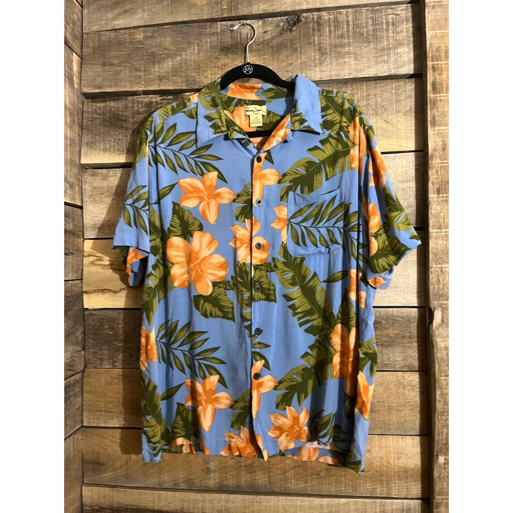 Panama Jack Mens Blue Tropical Floral‎ Hibiscus Rayon Camp Shirt Large
